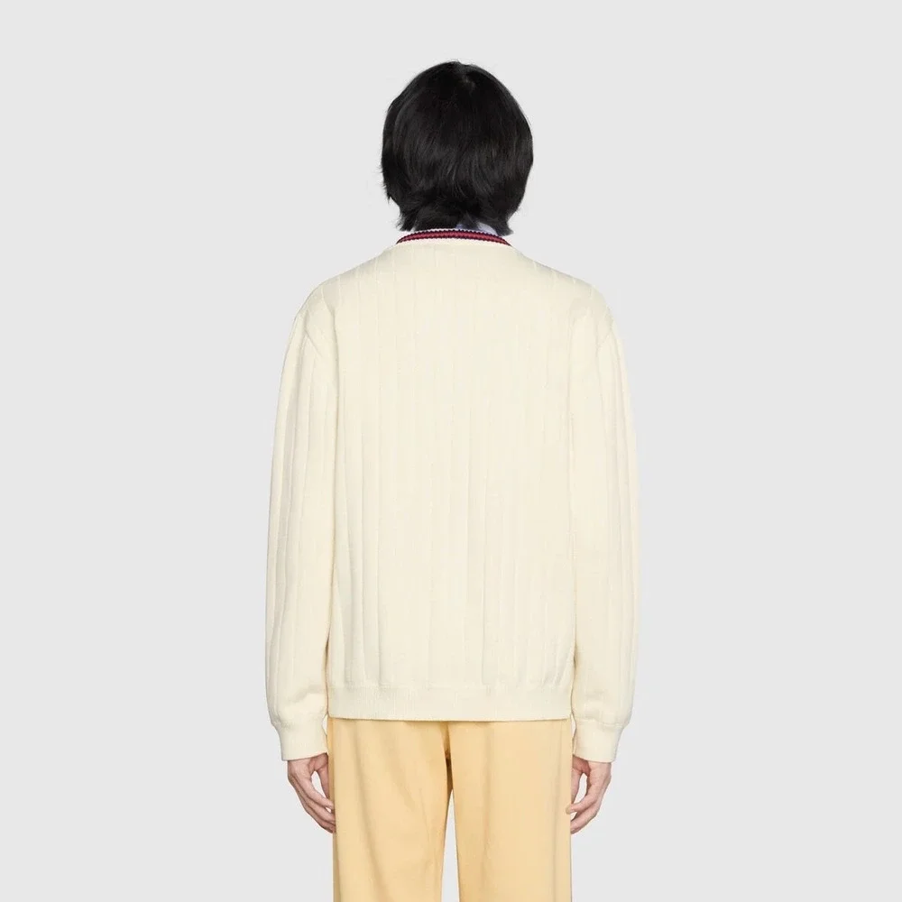 Authentic Gucci Cardigan‎ Sweater White Web Stripe GG Logo Cotton Knit Size S